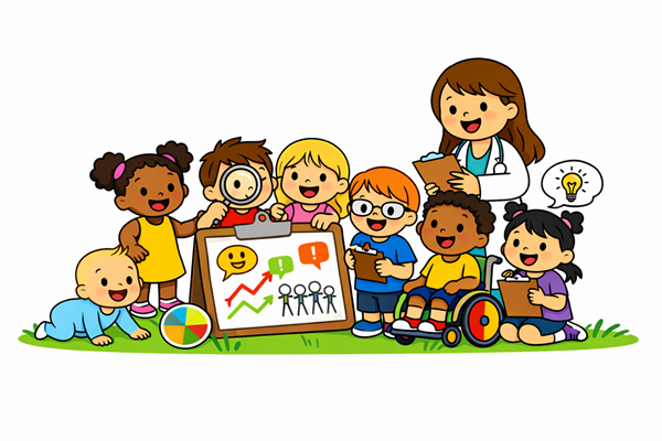 Comic-Illustration, die eine diverse Gruppe von Kindern und Babys zeigt, die gemeinsam mit einer Forscherin eine Infografik mit Diagrammen betrachten.